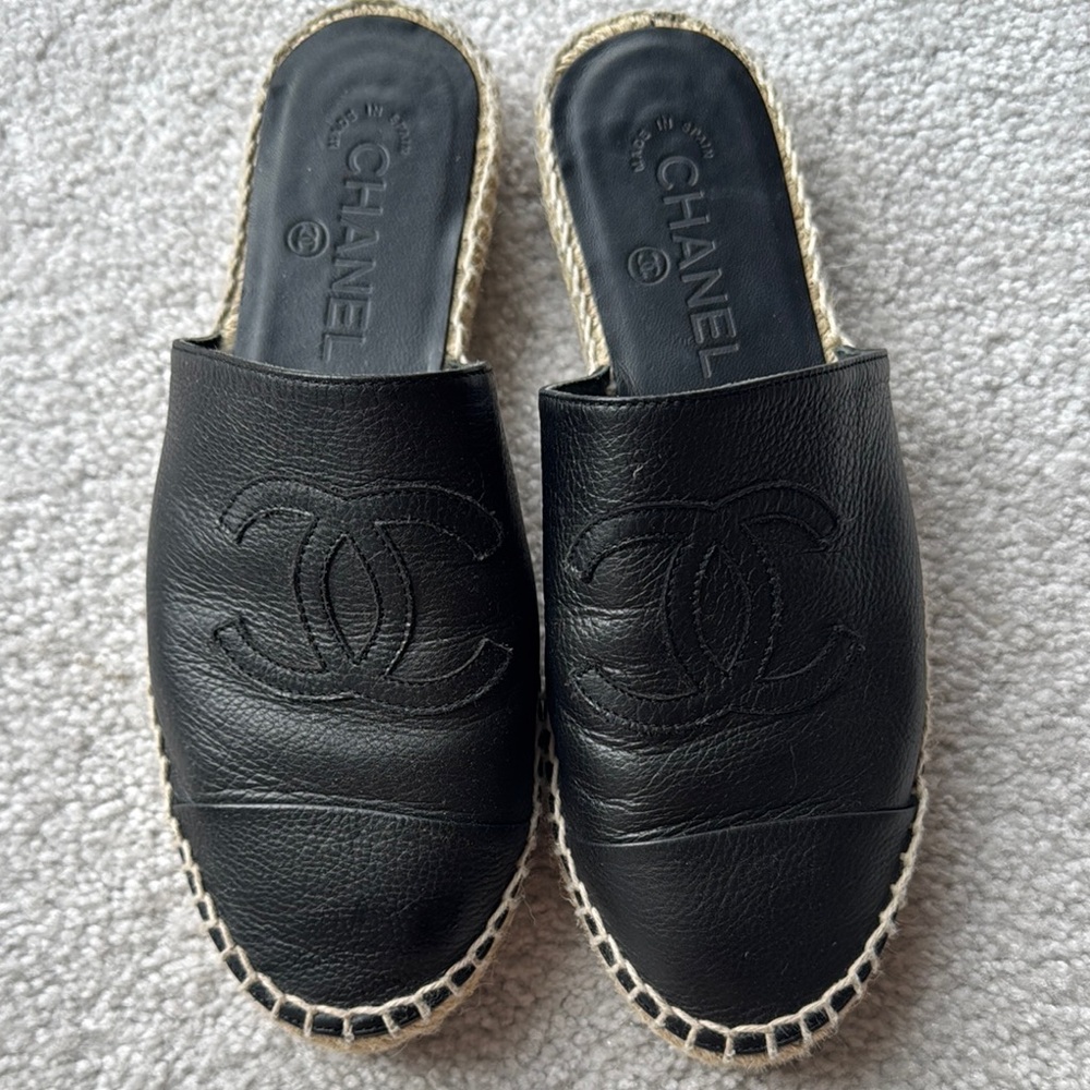 CHANEL Black Mules with Embossed CC Logo